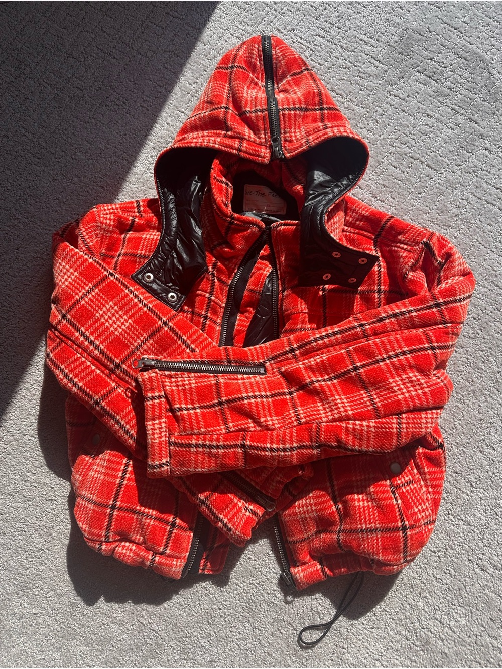Free People Red Plaid Hooded Bomber Jacket